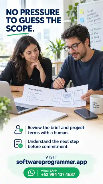 Business owner reviewing a software concept with a human advisor