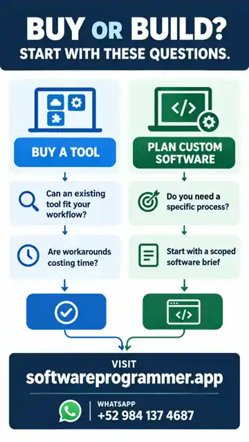 Educational decision guide comparing buying and building software